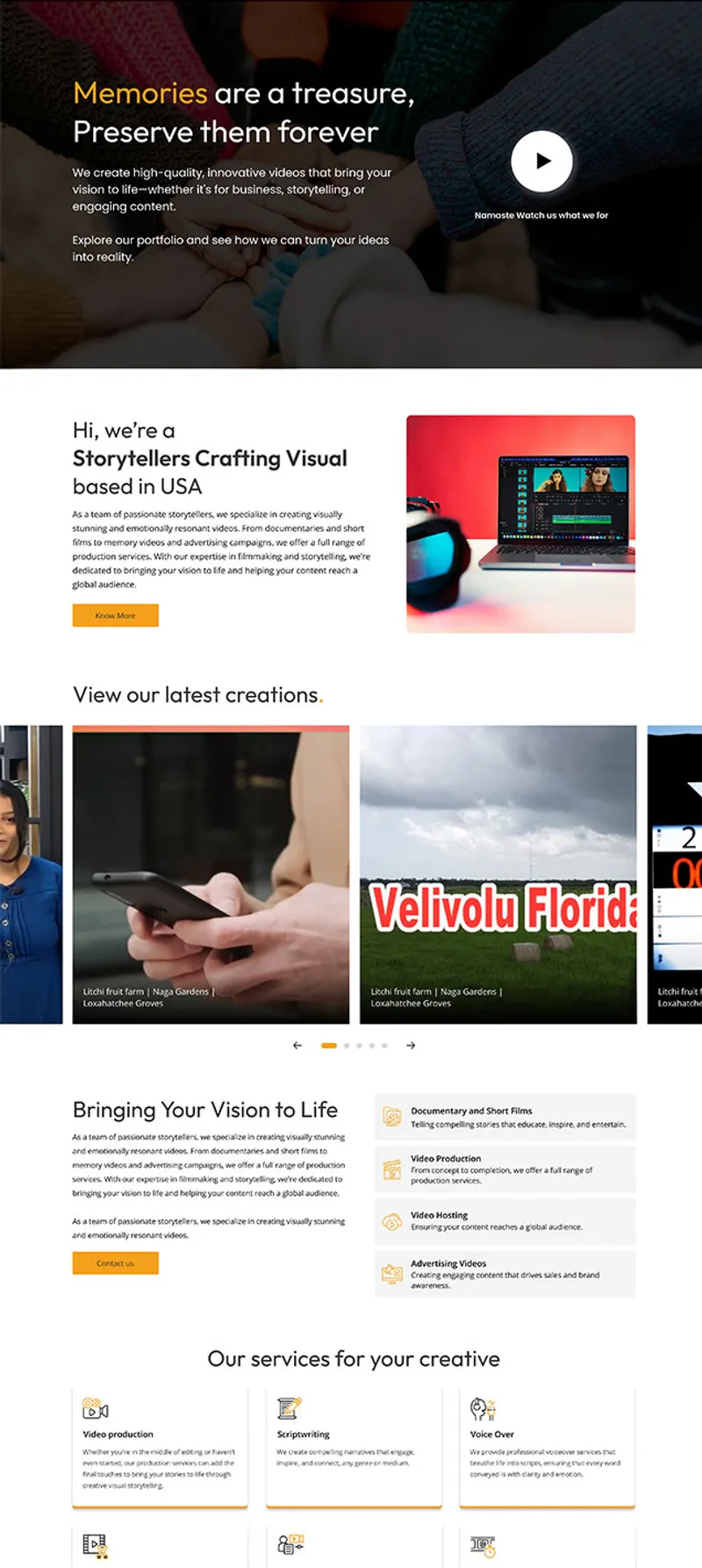 Above-the-fold homepage architecture prioritizing an immersive video reel hook, an introductory 'About' layout, a modern horizontal video portfolio carousel, and a structured service offering matrix.