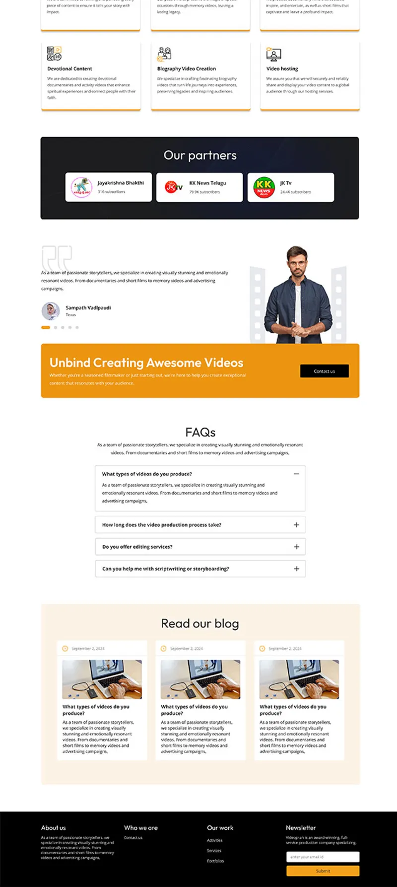 Lower homepage interface design highlighting a subscriber-backed partner validation bar, client testimonial blocks, a high-contrast 'Contact Us' banner, accordion-style FAQs, and a resource blog grid.