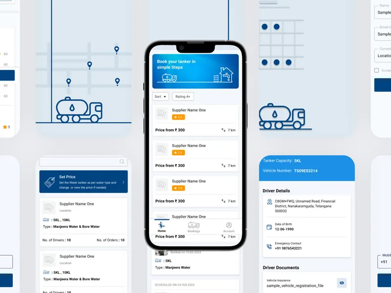 High-fidelity mobile UI mockup of the Aquahaulers consumer app showing the booking screen with water quantity selection and price transparency.