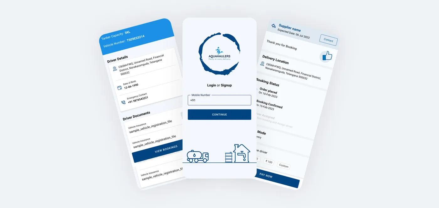 Sleek high-fidelity Android mobile UI mockups of the Aquahaulers application displaying live water tanker tracking and upfront transparent pricing on a clean blue background.