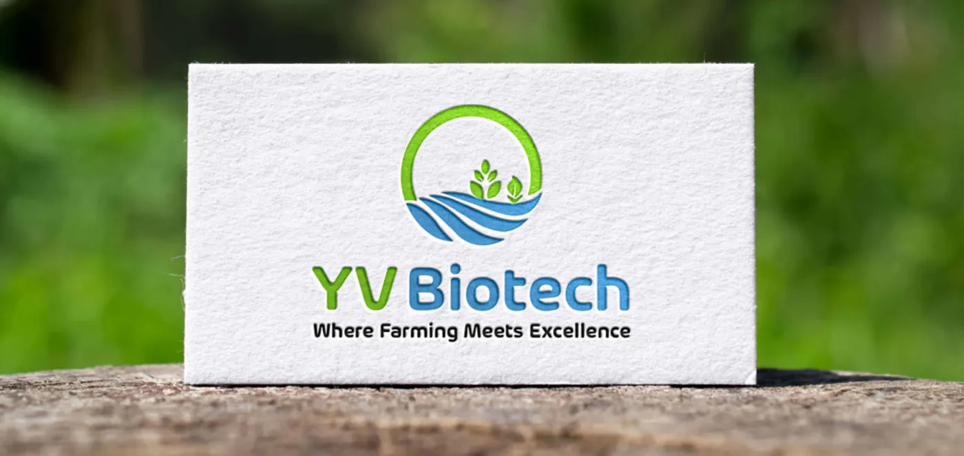 Minimalist corporate branding mockup showing the YV Biotech logo printed on clean product packaging and business stationery over a soft background.