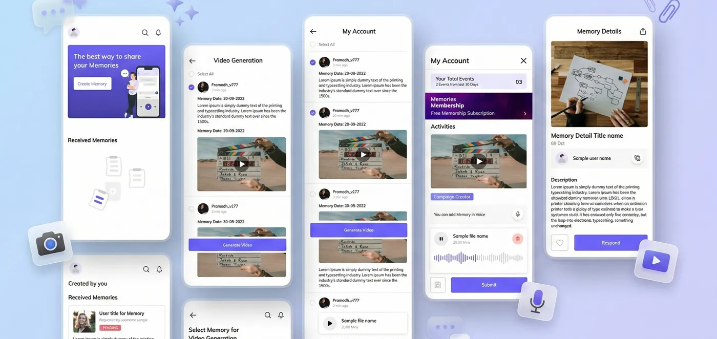High-fidelity mobile app design mockups for a memory-sharing platform, showcasing a premium purple and indigo user interface on sleek smartphone displays over a clean background.