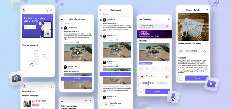 Clean UI presentation thumbnail of the Memories App, featuring a mobile home dashboard layout with custom illustrations and automated features