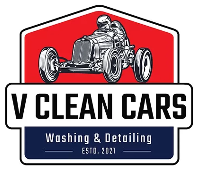 The finalized Vclean Cars circular emblem displayed in high-contrast Turbo Red and Carbon Black, emphasizing aerodynamic geometry and precision.